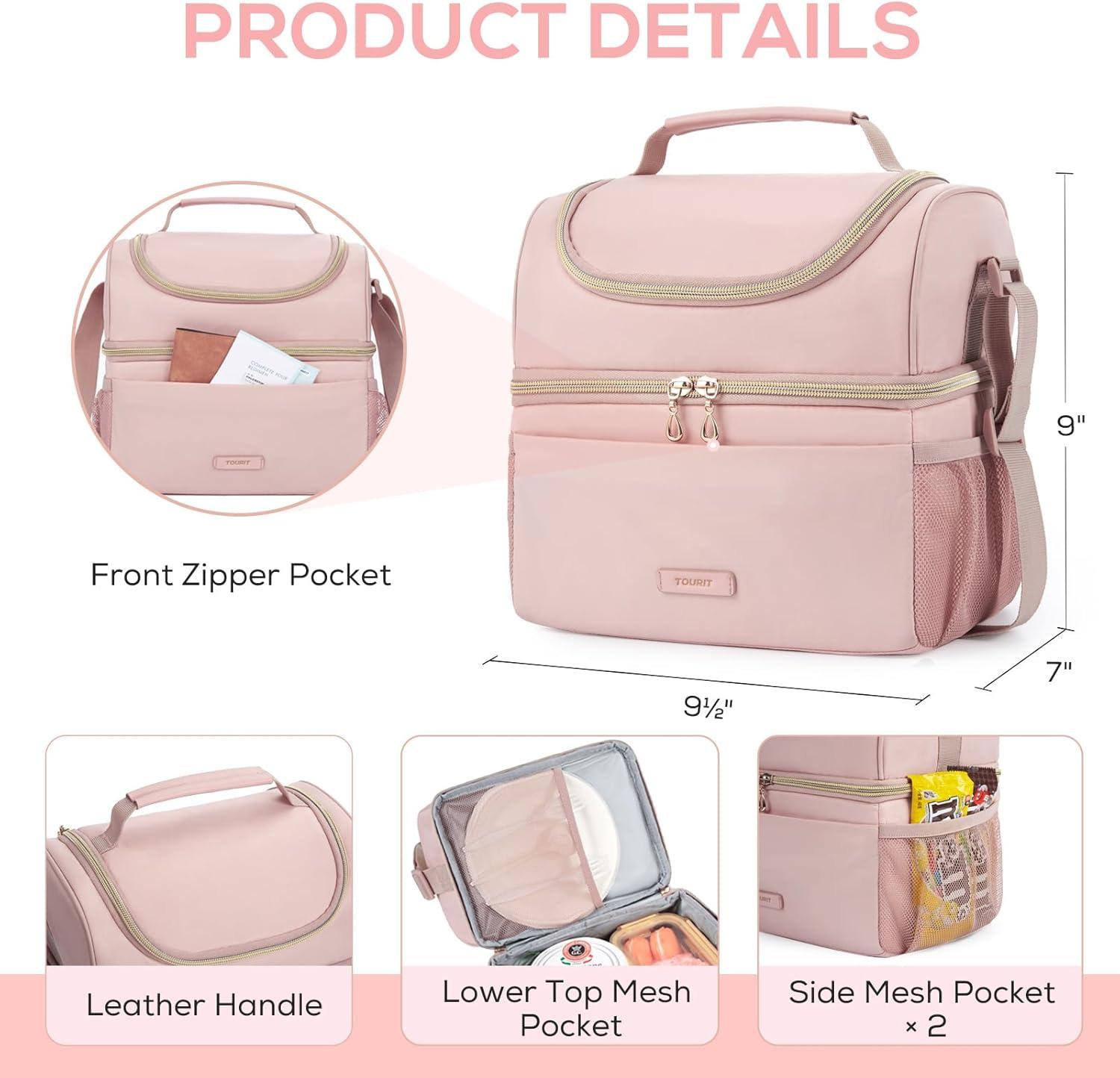imageTOURIT Insulated Lunch Box Bag Double Deck Leakproof Cooler Tote for Work Office Picnic Expandable Lunch Container Pink02Pink