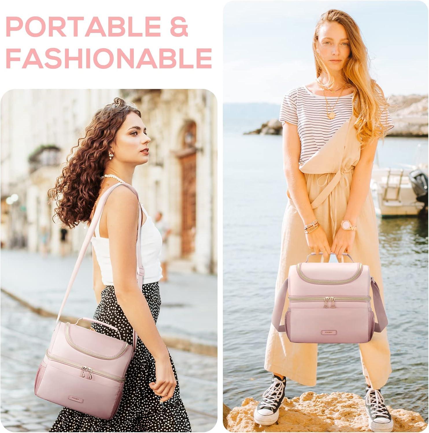 imageTOURIT Insulated Lunch Box Bag Double Deck Leakproof Cooler Tote for Work Office Picnic Expandable Lunch Container Pink02Pink