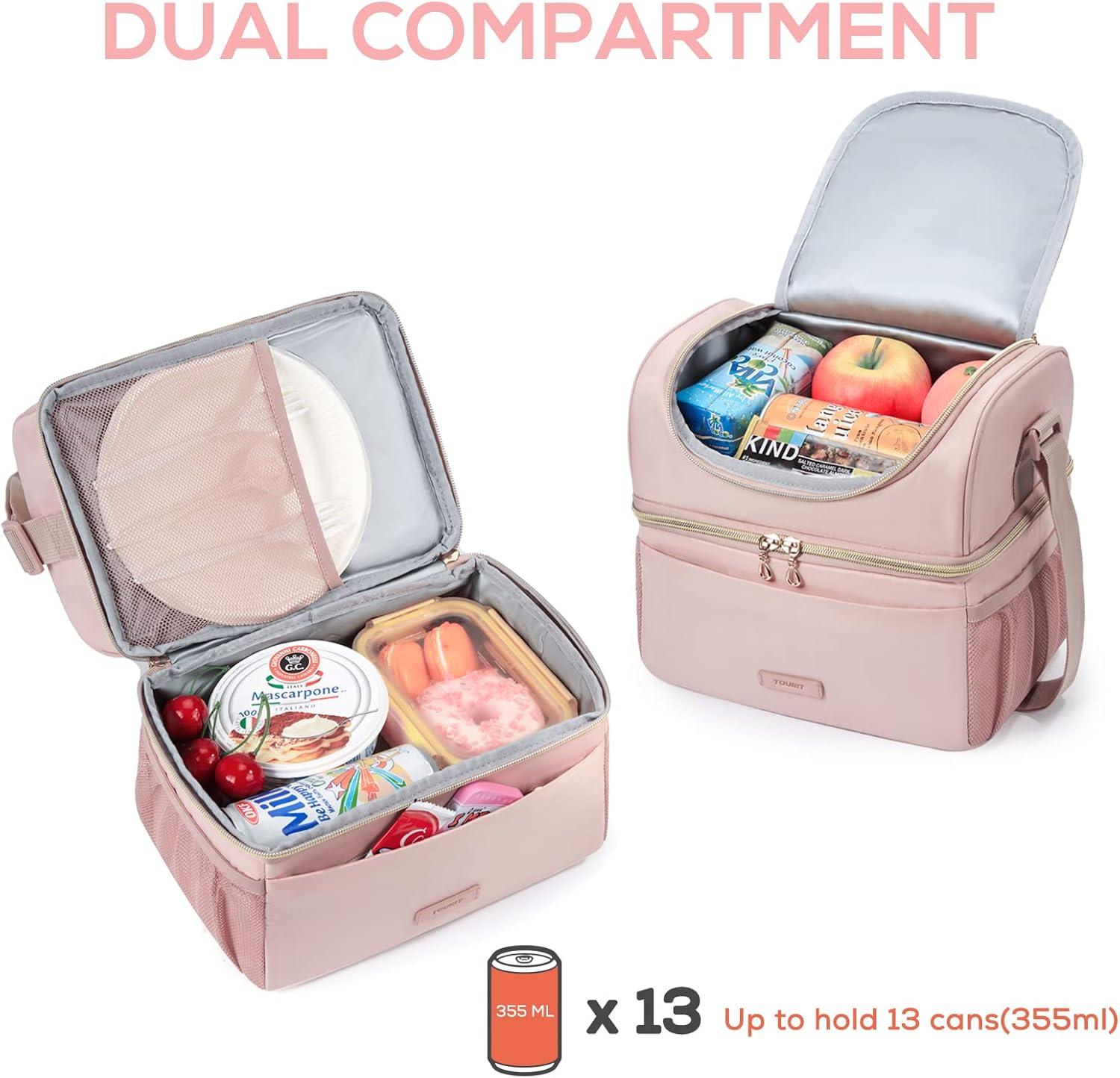imageTOURIT Insulated Lunch Box Bag Double Deck Leakproof Cooler Tote for Work Office Picnic Expandable Lunch Container Pink02Pink