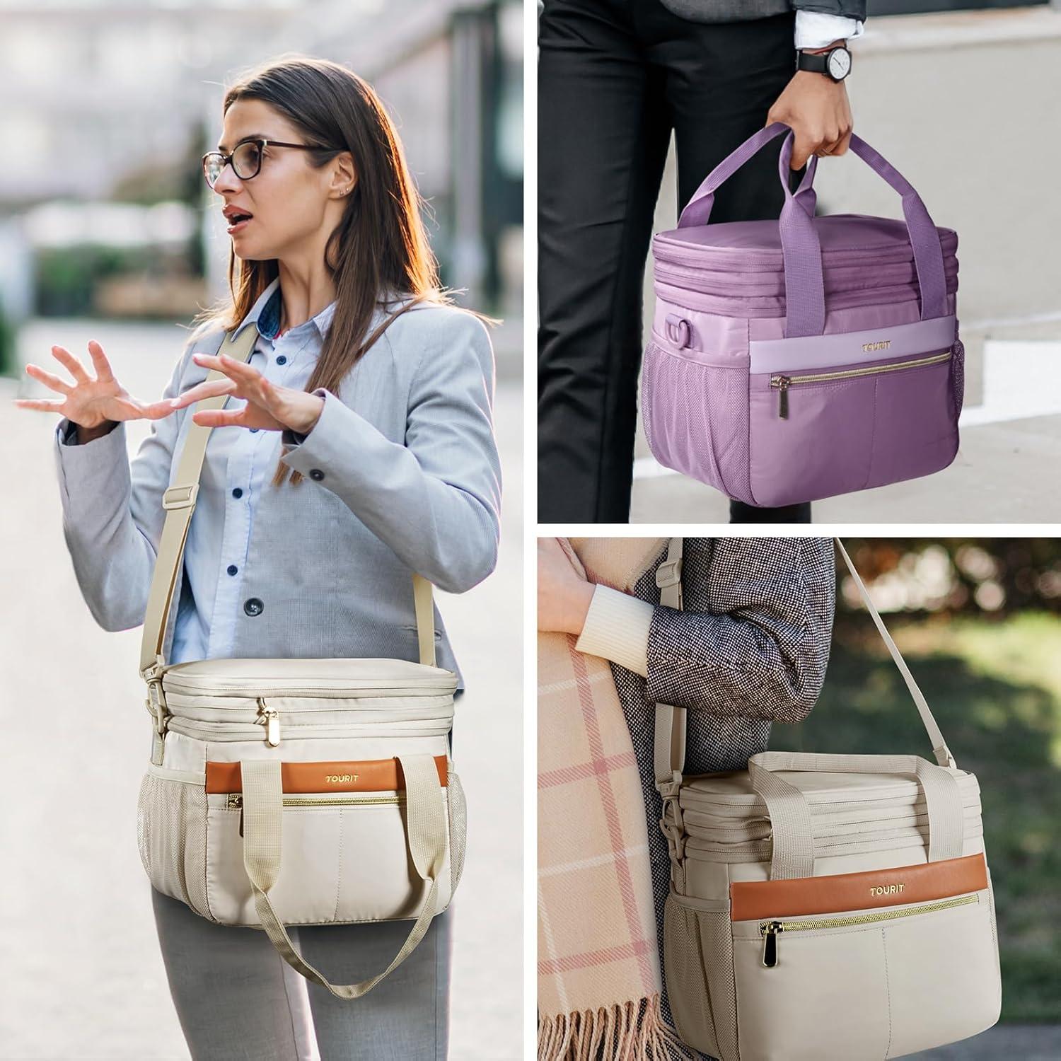 imageTOURIT Insulated Lunch Box Bag Double Deck Leakproof Cooler Tote for Work Office Picnic Expandable Lunch Container PinkBeige