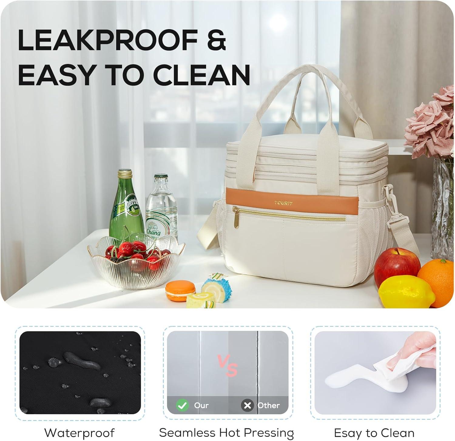 imageTOURIT Insulated Lunch Box Bag Double Deck Leakproof Cooler Tote for Work Office Picnic Expandable Lunch Container PinkBeige