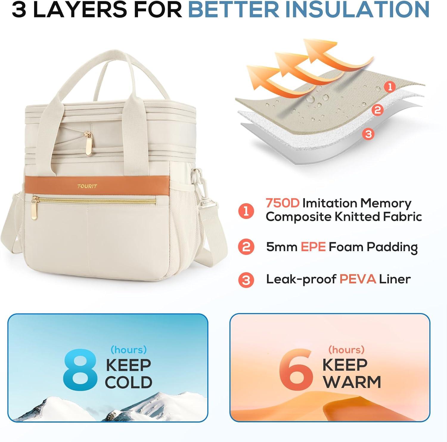 imageTOURIT Insulated Lunch Box Bag Double Deck Leakproof Cooler Tote for Work Office Picnic Expandable Lunch Container PinkBeige