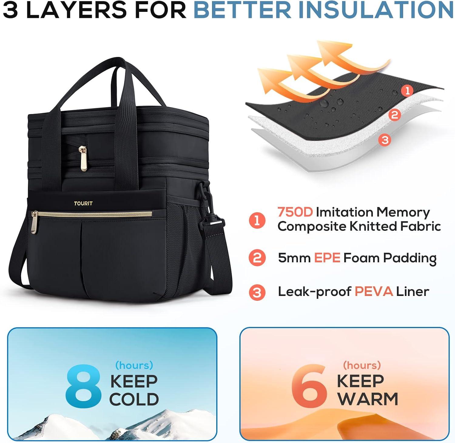 imageTOURIT Insulated Lunch Box Bag Double Deck Leakproof Cooler Tote for Work Office Picnic Expandable Lunch Container PinkBlack