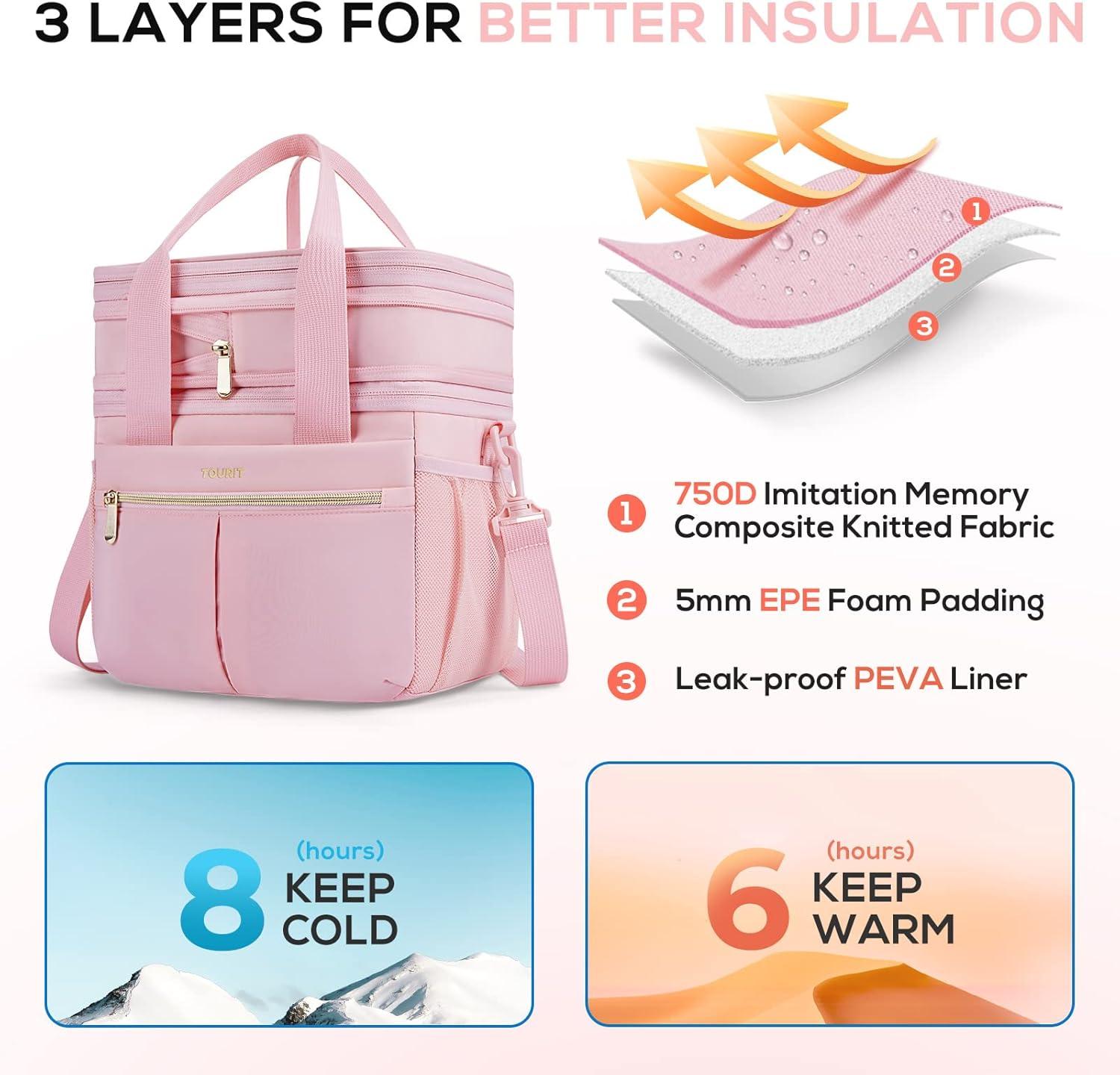 imageTOURIT Insulated Lunch Box Bag Double Deck Leakproof Cooler Tote for Work Office Picnic Expandable Lunch Container PinkPink