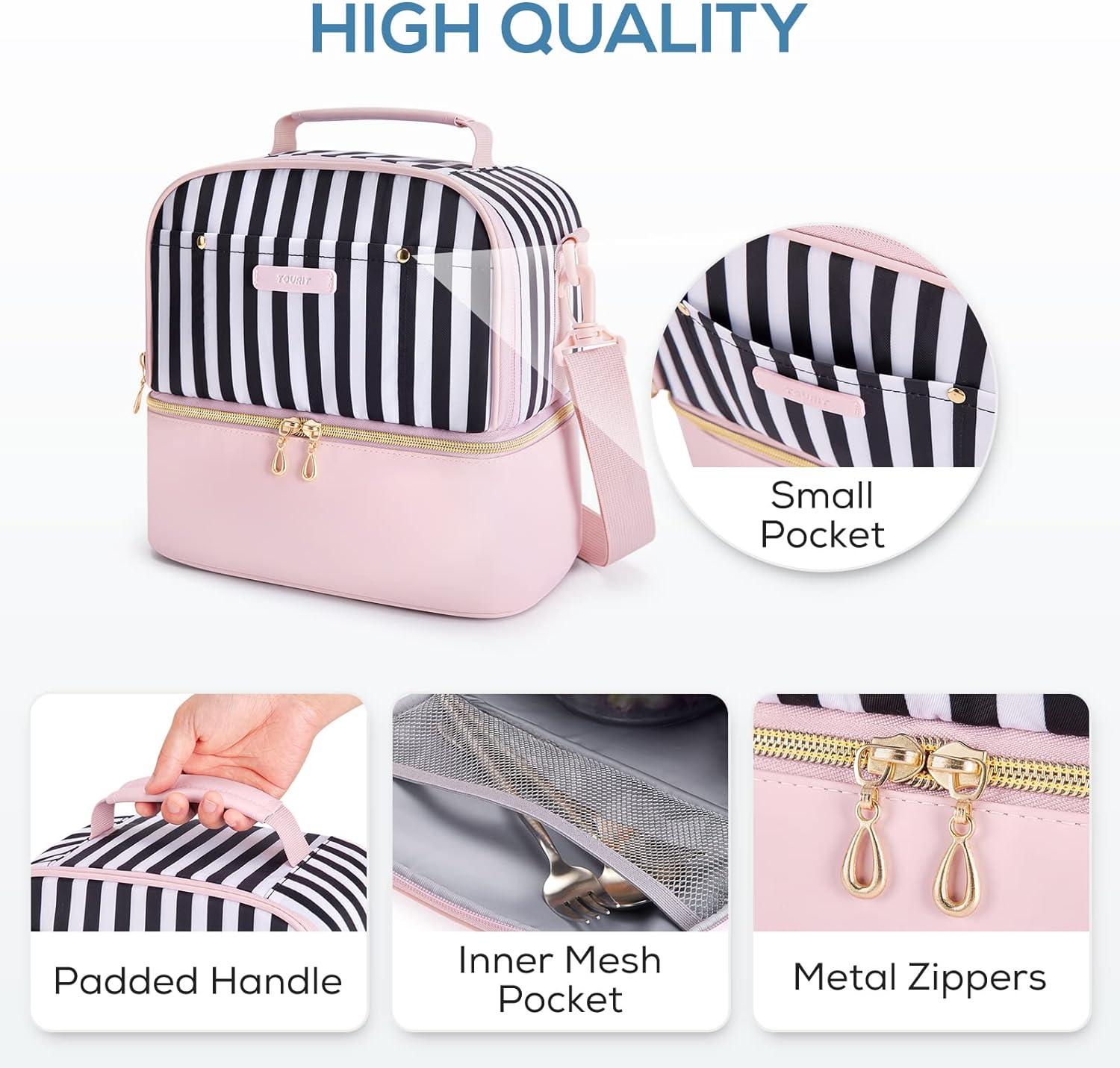 imageTOURIT Lunch Bag Women Double Deck Lunch Box Insulated Lunch Cooler for Women Men Work Pink02Pink Stripes