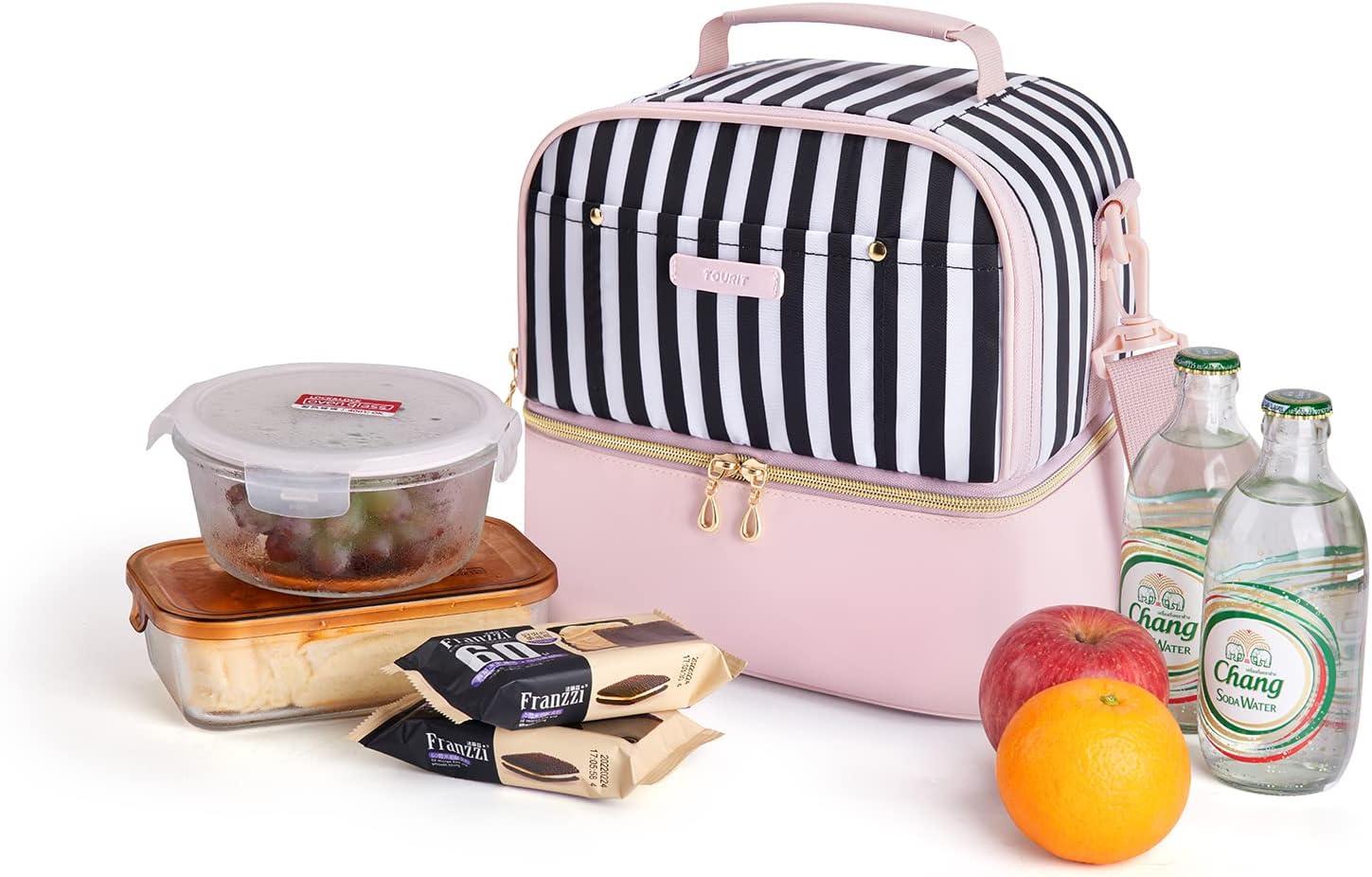 imageTOURIT Lunch Bag Women Double Deck Lunch Box Insulated Lunch Cooler for Women Men Work Pink02Pink Stripes