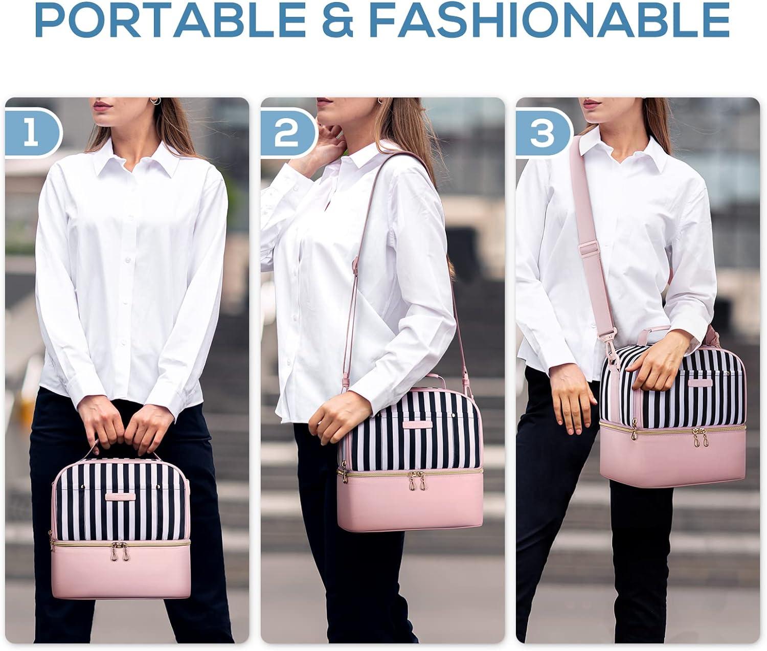 imageTOURIT Lunch Bag Women Double Deck Lunch Box Insulated Lunch Cooler for Women Men Work Pink02Pink Stripes