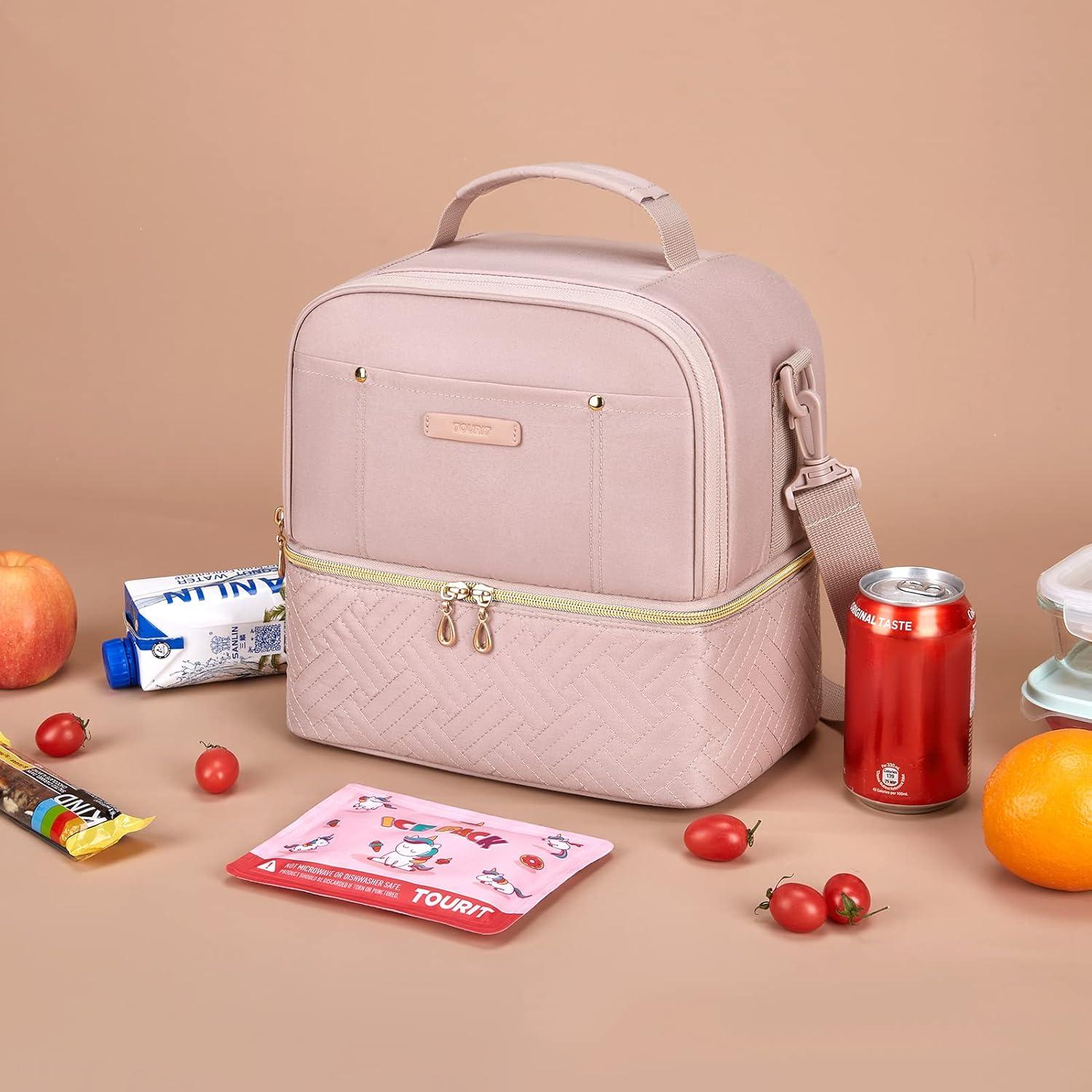 imageTOURIT Lunch Bag Women Double Deck Lunch Box Insulated Lunch Cooler for Women Men Work PinkPink  Ice Packs  Unicorn