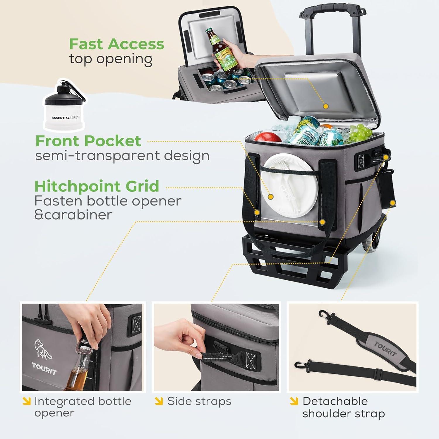 imageTOURIT Portable 50Can Collapsible Rolling Soft Cooler with 29L Space ampamp Reinforced AllTerrain Cart with Wheels Easy Transportation Large Leakproof Travel Beach Ice Chest for Grocery Shoppinggrey