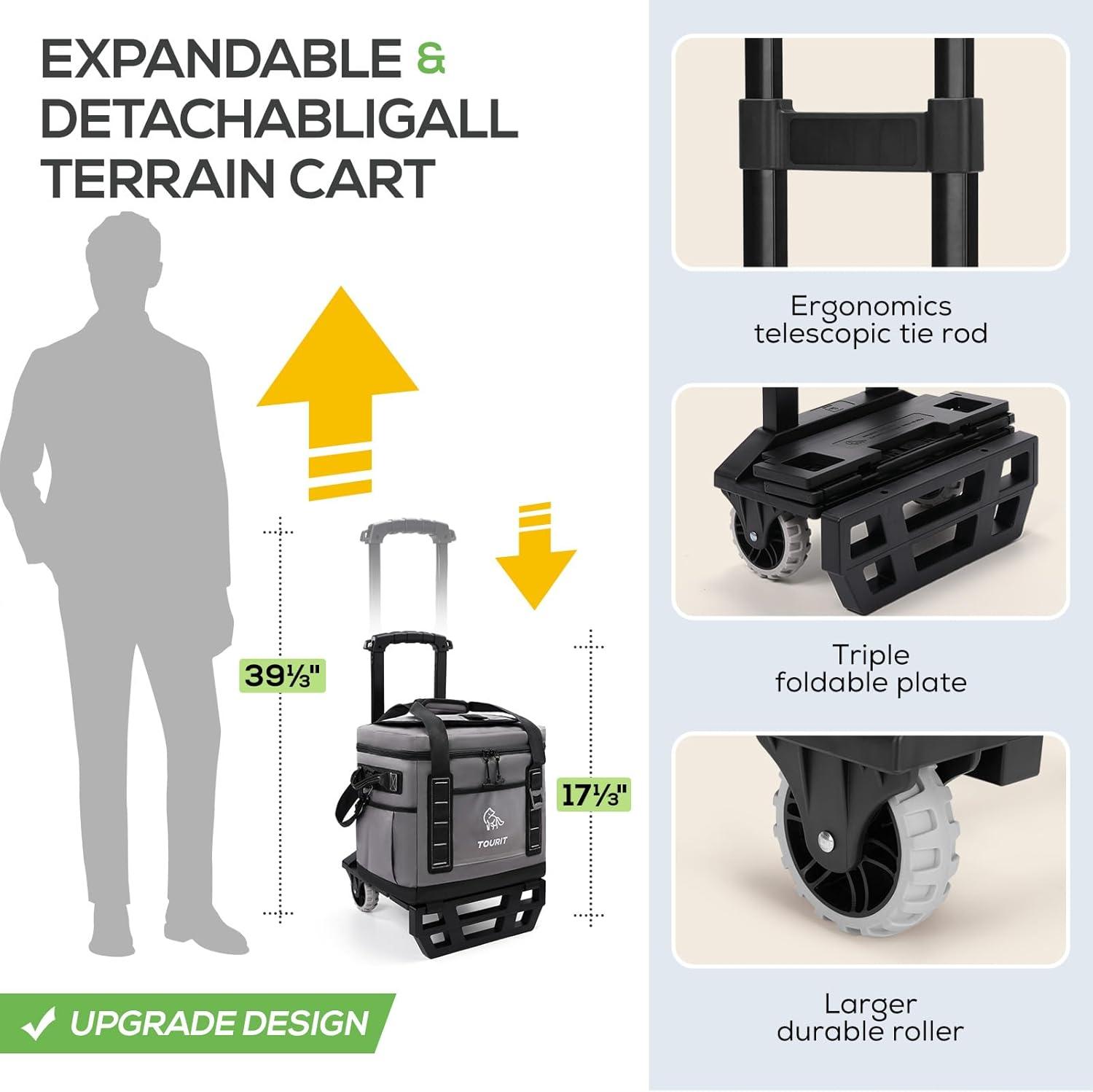 imageTOURIT Portable 50Can Collapsible Rolling Soft Cooler with 29L Space ampamp Reinforced AllTerrain Cart with Wheels Easy Transportation Large Leakproof Travel Beach Ice Chest for Grocery Shoppinggrey