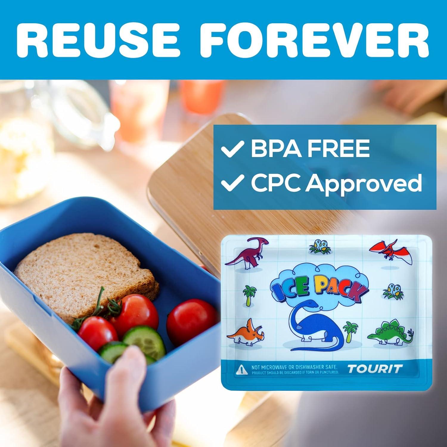 imageTOURIT Reusable Soft Kids Ice Packs for Lunch Box Lunch Bags and Cooler BPA Free Slim and Keep Food Cold Long Super Cute Ice Packs Easy to Clean 2 Packs Blue Dinosaur