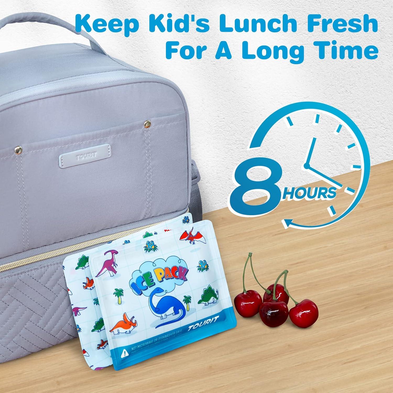 imageTOURIT Reusable Soft Kids Ice Packs for Lunch Box Lunch Bags and Cooler BPA Free Slim and Keep Food Cold Long Super Cute Ice Packs Easy to Clean 2 Packs Blue Dinosaur