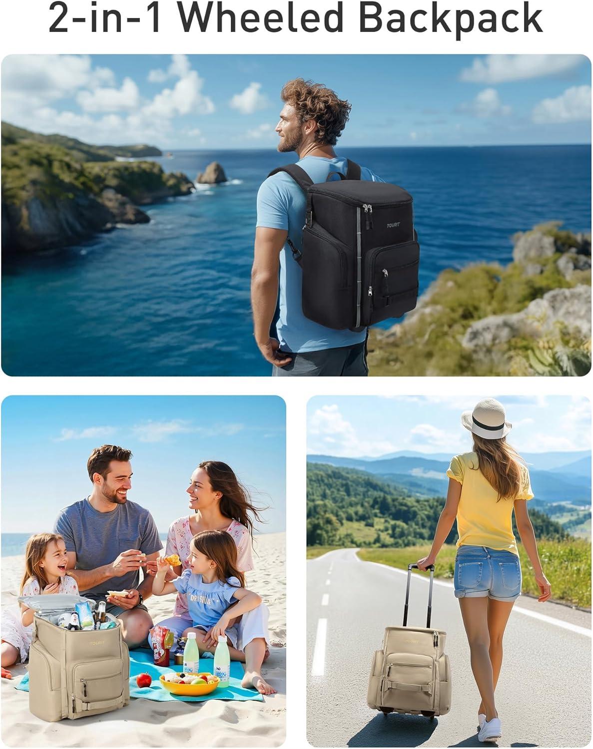 imageTOURIT Rolling Cooler Backpack Leakproof Waterproof Insulated 36 Cans Beach Cooler with Wheels and Handle Outdoor Camping Picnic TravelBlack