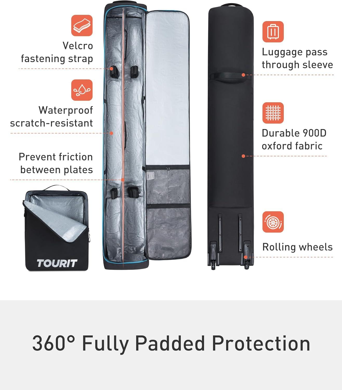 imageTOURIT Rolling Ski and Boot Bag Combo Fully Padded With Wheels for Air Travel WaterResistant 900D Oxford Fabric Foldable Wheeled Bag Holds 2 Pairs of Skis 195cmGrey