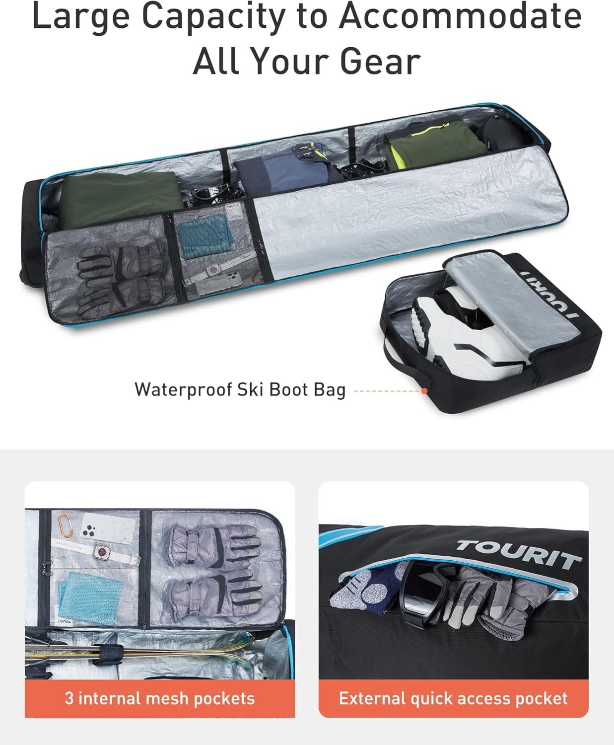 imageTOURIT Rolling Ski and Boot Bag Combo Fully Padded With Wheels for Air Travel WaterResistant 900D Oxford Fabric Foldable Wheeled Bag Holds 2 Pairs of Skis 195cmGrey