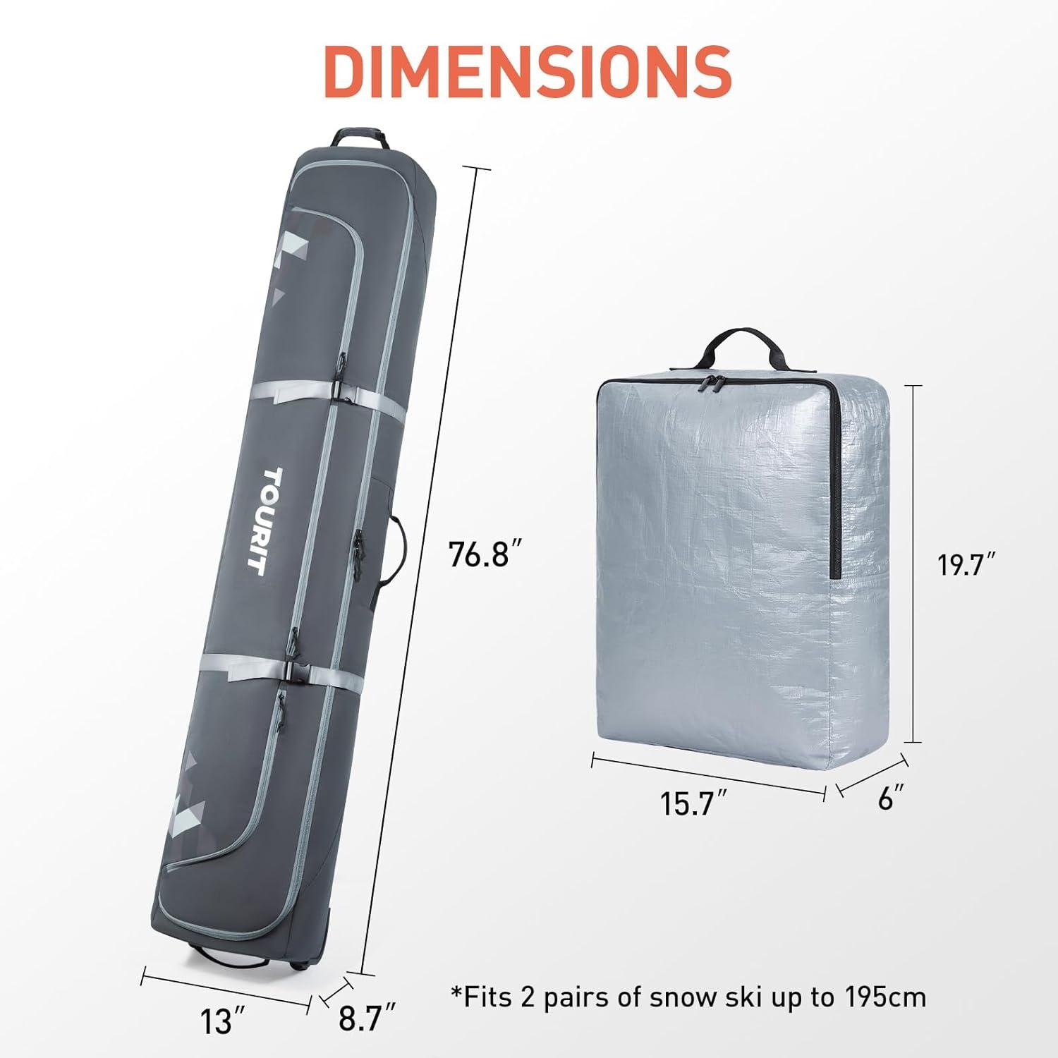 imageTOURIT Rolling Ski and Boot Bag Combo Fully Padded With Wheels for Air Travel WaterResistant 900D Oxford Fabric Foldable Wheeled Bag Holds 2 Pairs of Skis 195cmGrey