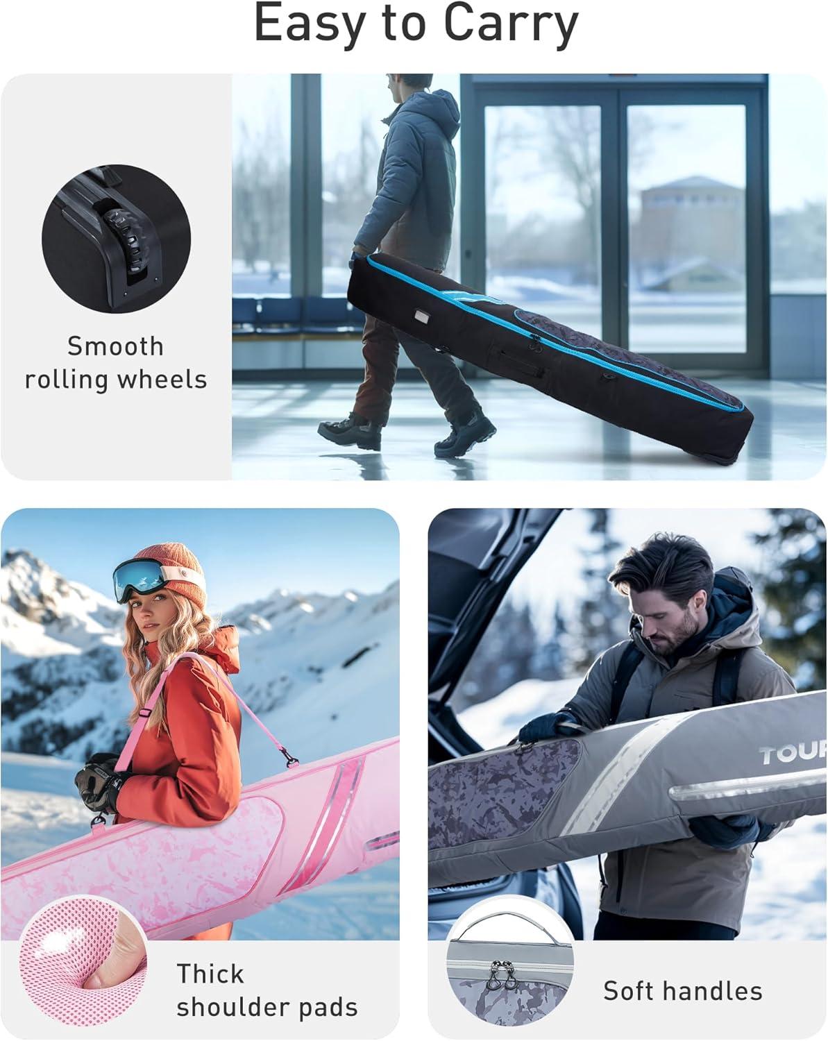 imageTOURIT Rolling Ski and Boot Bag Combo Fully Padded With Wheels for Air Travel WaterResistant 900D Oxford Fabric Foldable Wheeled Bag Holds 2 Pairs of Skis 195cmPink