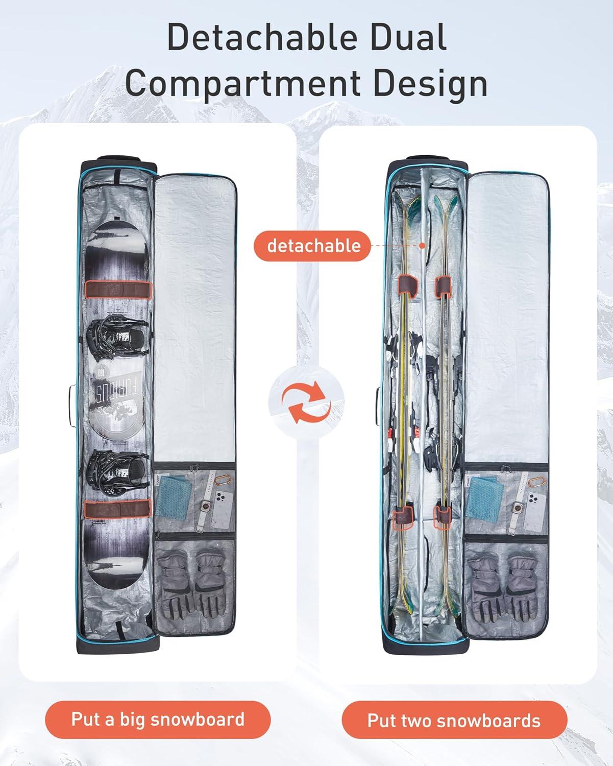 imageTOURIT Rolling Ski and Boot Bag Combo  Fully Padded With Wheels for Air Travel WaterResistant 900D Oxford Fabric Foldable Wheeled Bag Holds 2 Pairs of Skis 195cmBlack