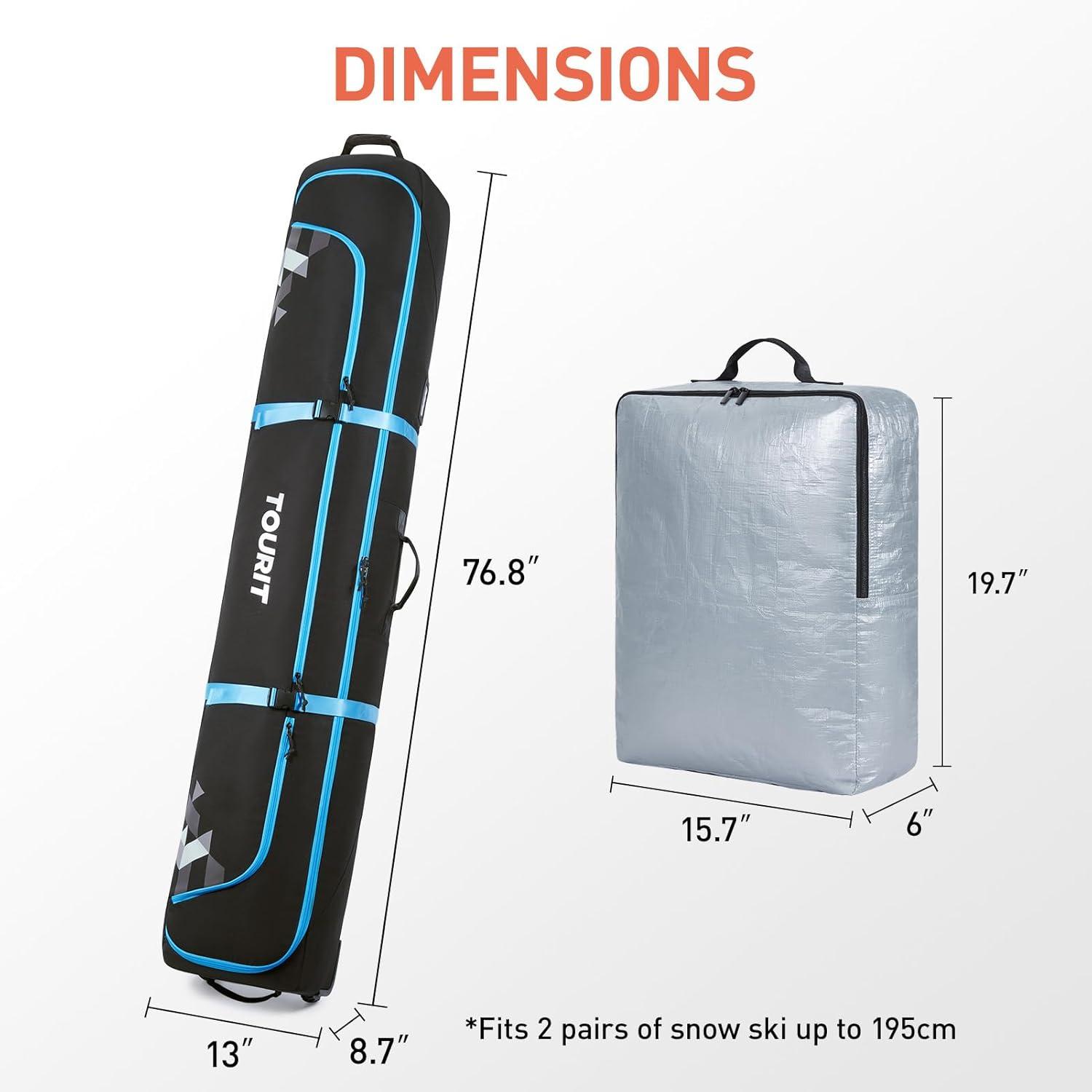 imageTOURIT Rolling Ski and Boot Bag Combo  Fully Padded With Wheels for Air Travel WaterResistant 900D Oxford Fabric Foldable Wheeled Bag Holds 2 Pairs of Skis 195cmBlack