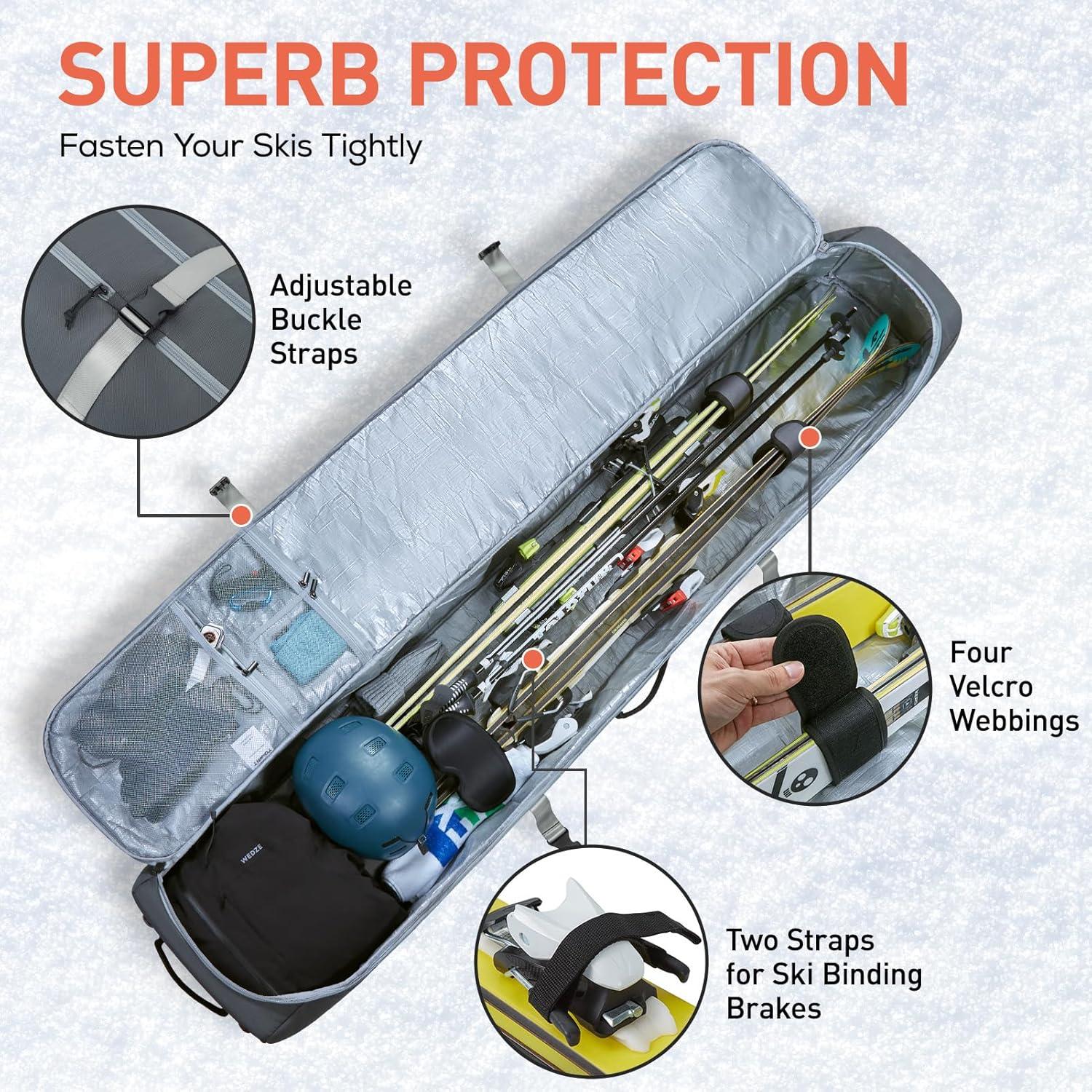 imageTOURIT Rolling Ski and Boot Bag Combo Fully Padded With Wheels for Air Travel WaterResistant 900D Oxford Fabric Foldable Wheeled Bag Holds 2 Pairs of Skis 195cmGrey