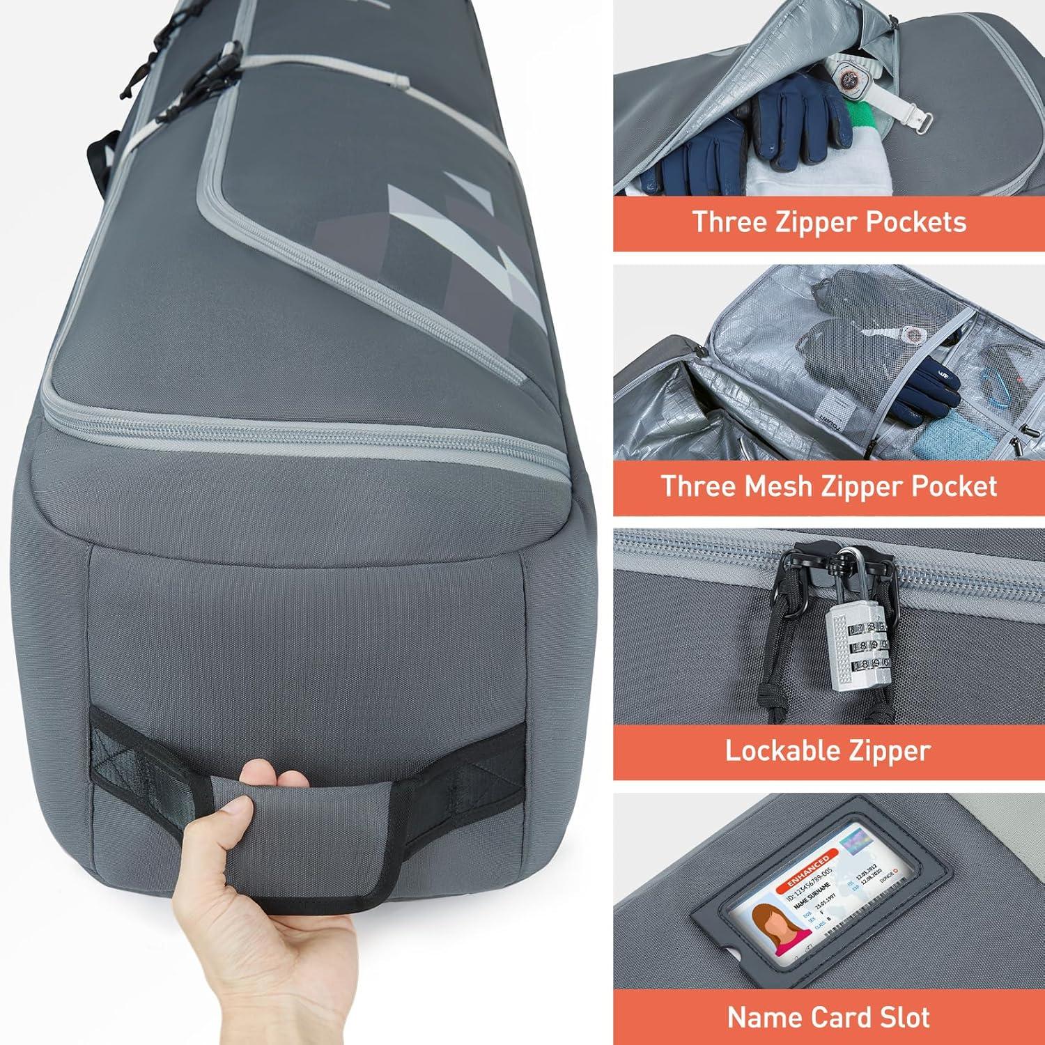 imageTOURIT Rolling Ski and Boot Bag Combo Fully Padded With Wheels for Air Travel WaterResistant 900D Oxford Fabric Foldable Wheeled Bag Holds 2 Pairs of Skis 195cmGrey