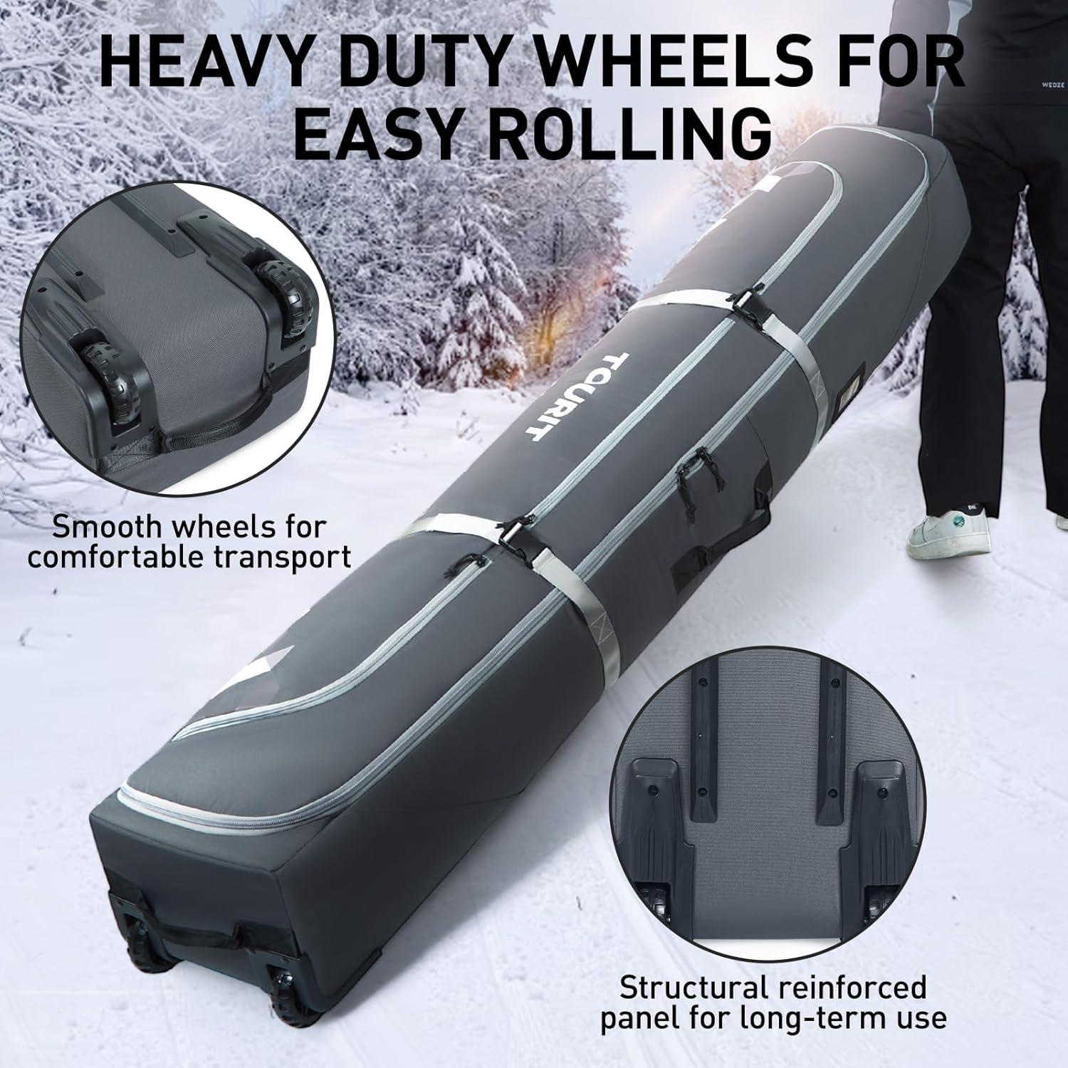 imageTOURIT Rolling Ski and Boot Bag Combo Fully Padded With Wheels for Air Travel WaterResistant 900D Oxford Fabric Foldable Wheeled Bag Holds 2 Pairs of Skis 195cmGrey