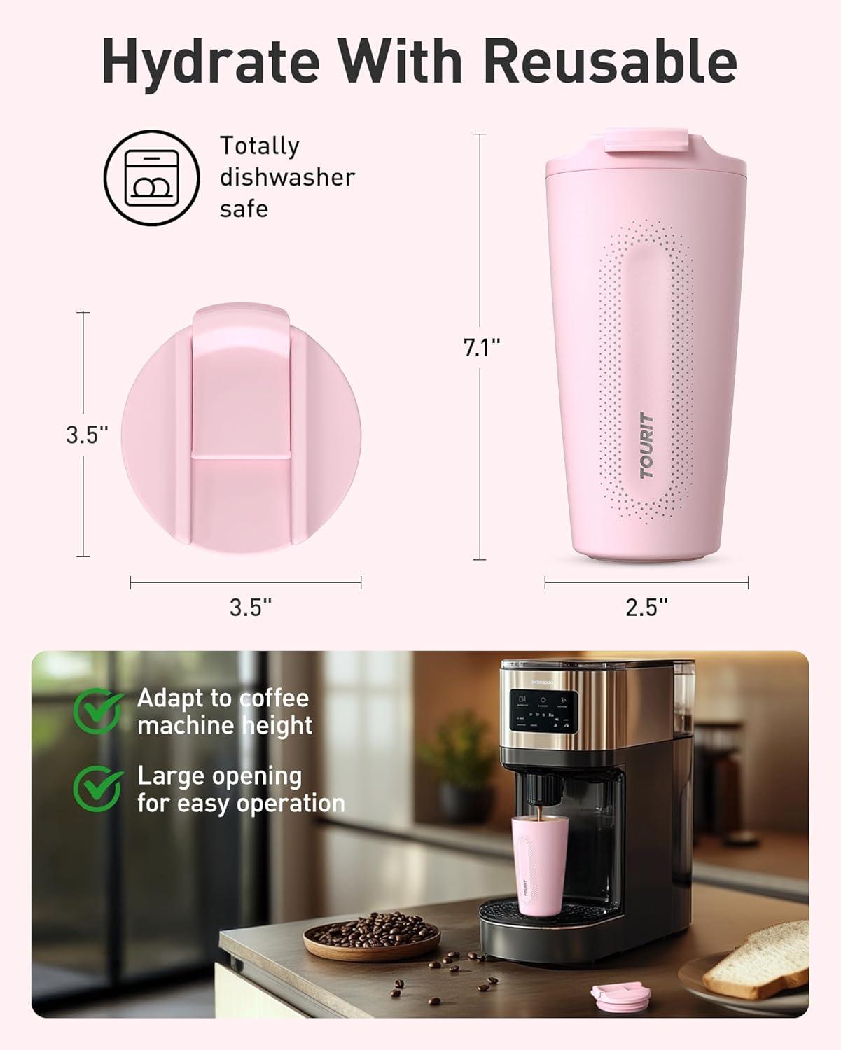 imageTOURIT Travel Coffee Mug 16 oz Insulated Coffee Cups with Flip Lid Stainless Steel Double Wall Vacuum Tumbler Leak Proof Reusable To Go Portable Mug PinkCream