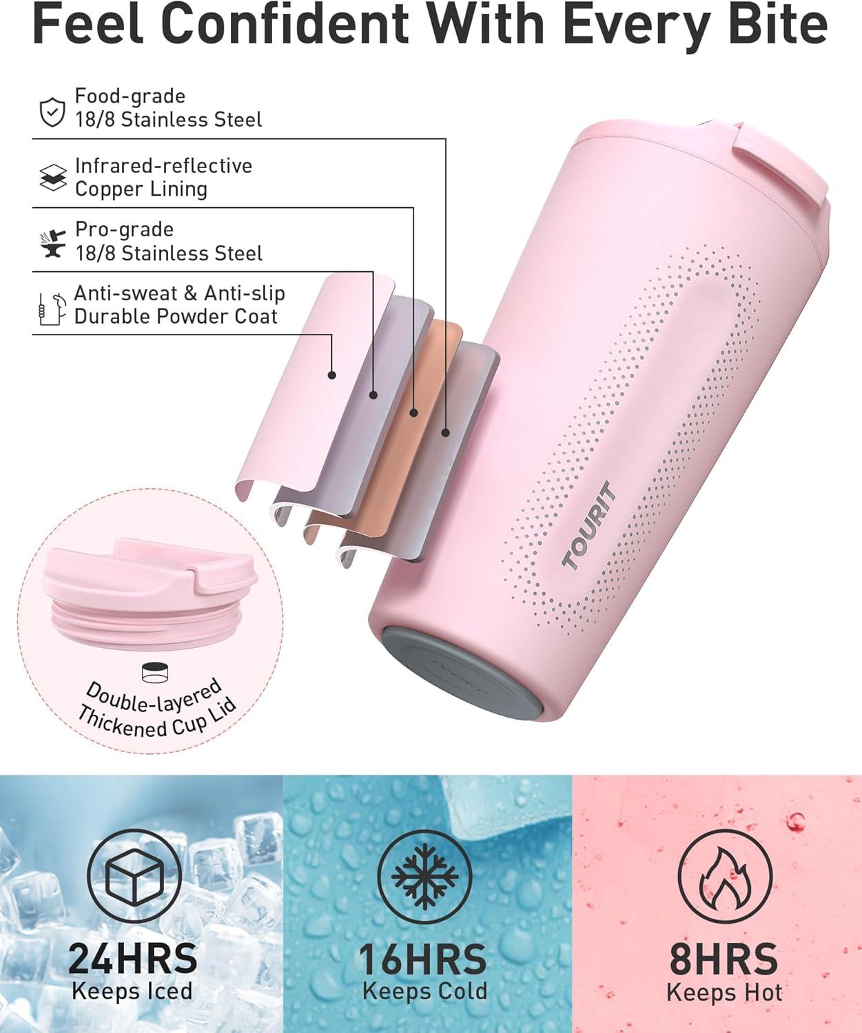 imageTOURIT Travel Coffee Mug 16 oz Insulated Coffee Cups with Flip Lid Stainless Steel Double Wall Vacuum Tumbler Leak Proof Reusable To Go Portable Mug PinkPink