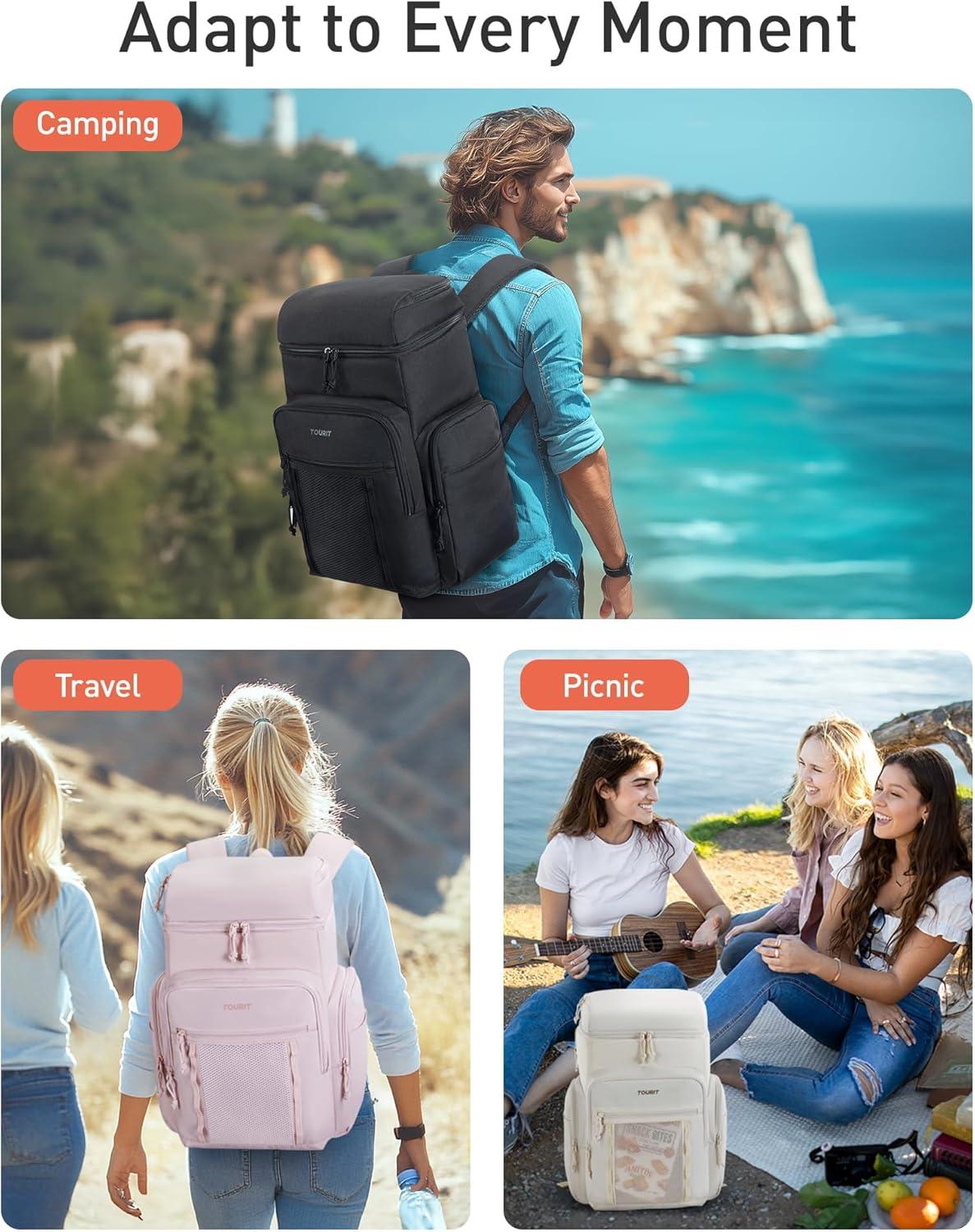 imageTOURIT Waterproof Cooler Backpack 30 Cans Insulated Leakproof Portable Cooler Bag Beach Travel Camping Picnic HikingPink