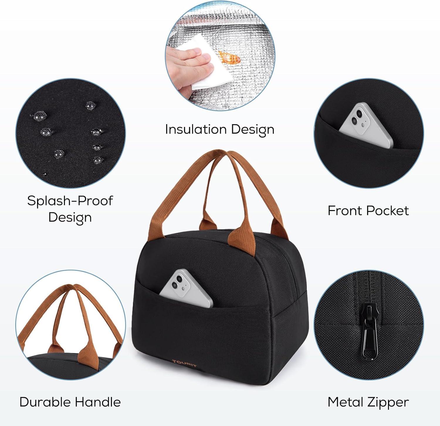 imageTOURIT Womens Insulated Lunch Bag Thermal Reusable Tote for Work Picnic Beige08Drak Black
