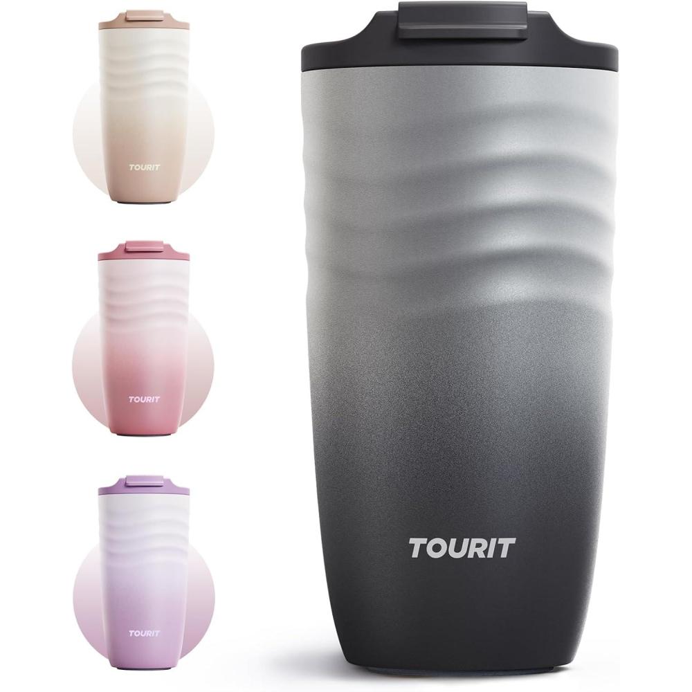 imageTOURIT 16 oz Travel Coffee Mug Insulated Stainless Steel Travel Mug with Lid LeakProof DoubleWall Vacuum Tumbler Reusable Coffee Cup  KhakiBlack
