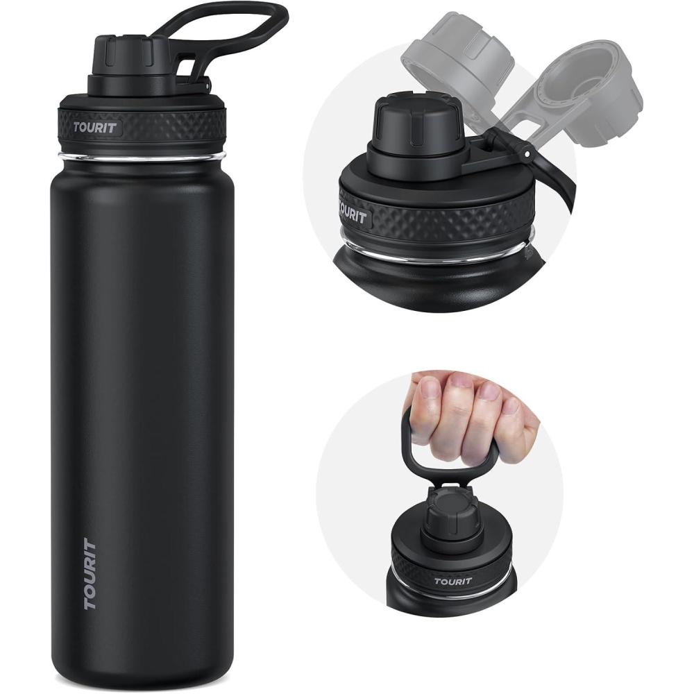 imageTOURIT 24 oz Insulated Water Bottle Stainless Steel Water Bottles With Handle DoubleWall Vacuum Sports Water Bottle BPA Free Leakproof Water Bottle BlackBlack