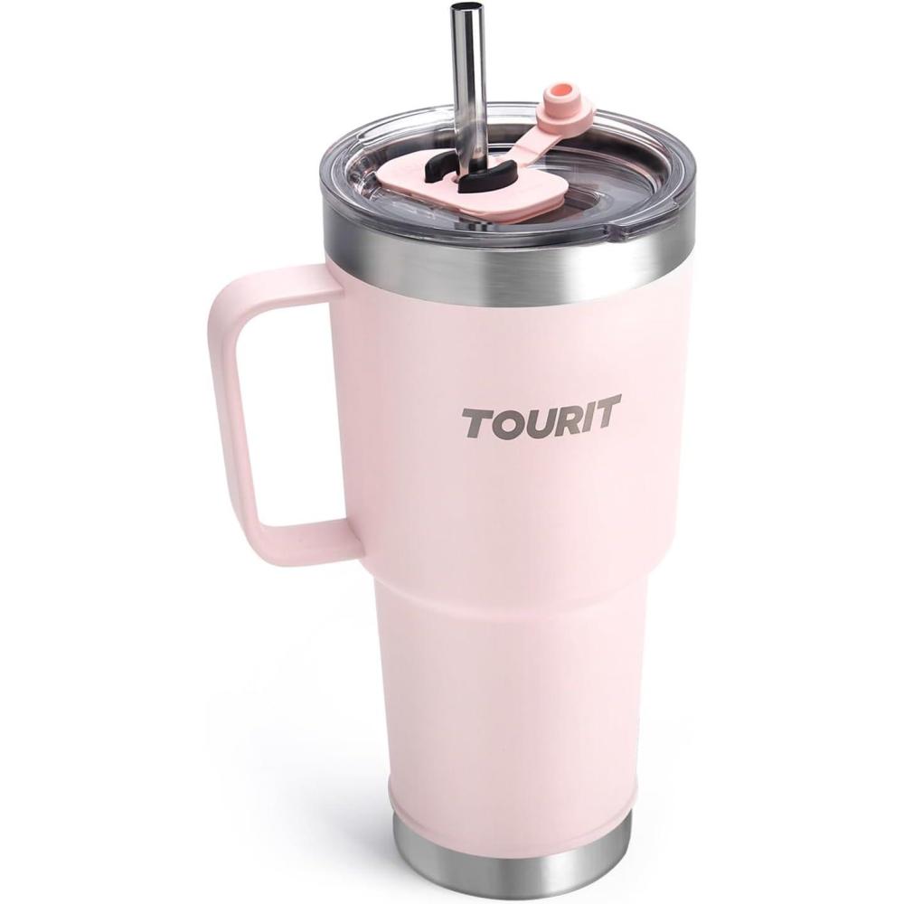 imageTOURIT 30oz Insulated Tumbler with Handle and Straw 3 in 1 SipAllWay Reusable MagSlider Lid Double Wall Sweatproof BPA Free to Keep Beverages Cold For 24Hrs or Hot For 8Hrs  PinkAPink