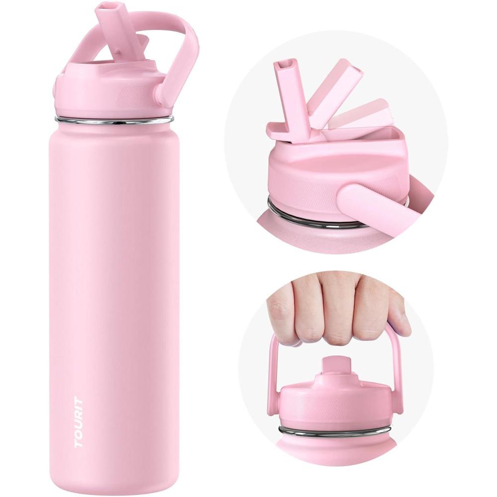 imageTOURIT 32 oz Insulated Water Bottle Stainless Steel Sports Water Bottles With Top Handle DoubleWall Travel Thermal Water Flask BPA Free Leakproof Water Bottle for Sports and Travel ObsidianPinkStraw