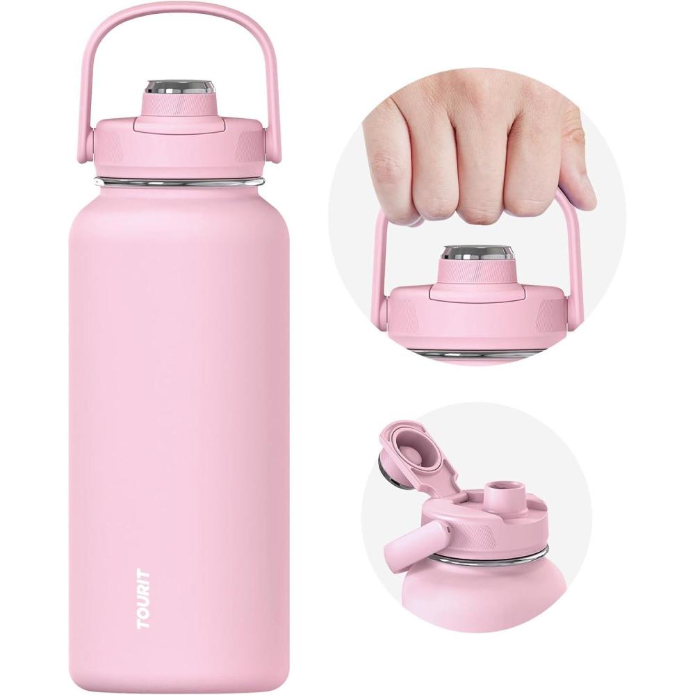 imageTOURIT 32 oz Insulated Water Bottle Stainless Steel Sports Water Bottles With Top Handle DoubleWall Travel Thermal Water Flask BPA Free Leakproof Water Bottle for Sports and Travel ObsidianPink