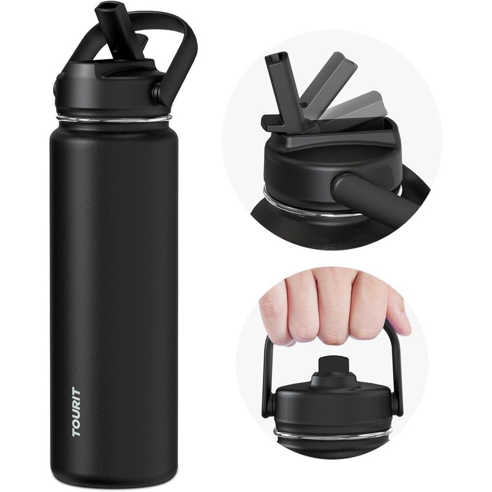 imageTOURIT 32 oz Insulated Water Bottle Stainless Steel Sports Water Bottles With Top Handle DoubleWall Travel Thermal Water Flask BPA Free Leakproof Water Bottle for Sports and Travel ObsidianObsidianStraw