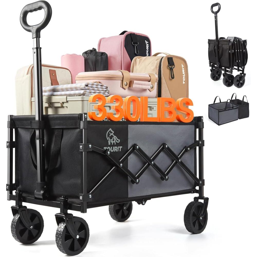 imageTOURIT Foldable Collapsible Wagon with All Terrain Wheels Heavy Duty Portable Cart for Camping Beach Shopping 330 lbs Capacity Utility Cart BlackBlack