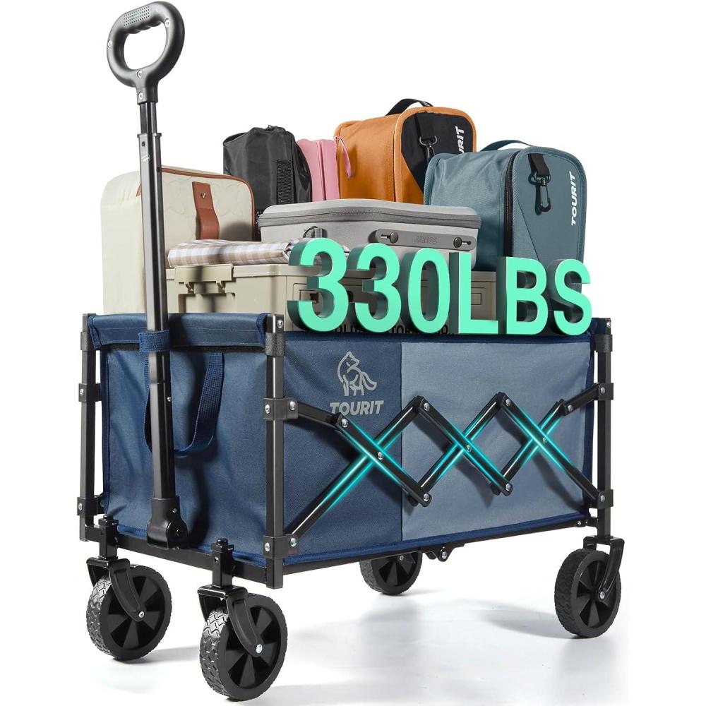 imageTOURIT Foldable Collapsible Wagon with All Terrain Wheels Heavy Duty Portable Cart for Camping Beach Shopping 330 lbs Capacity Utility Cart BlackGrayish Blue