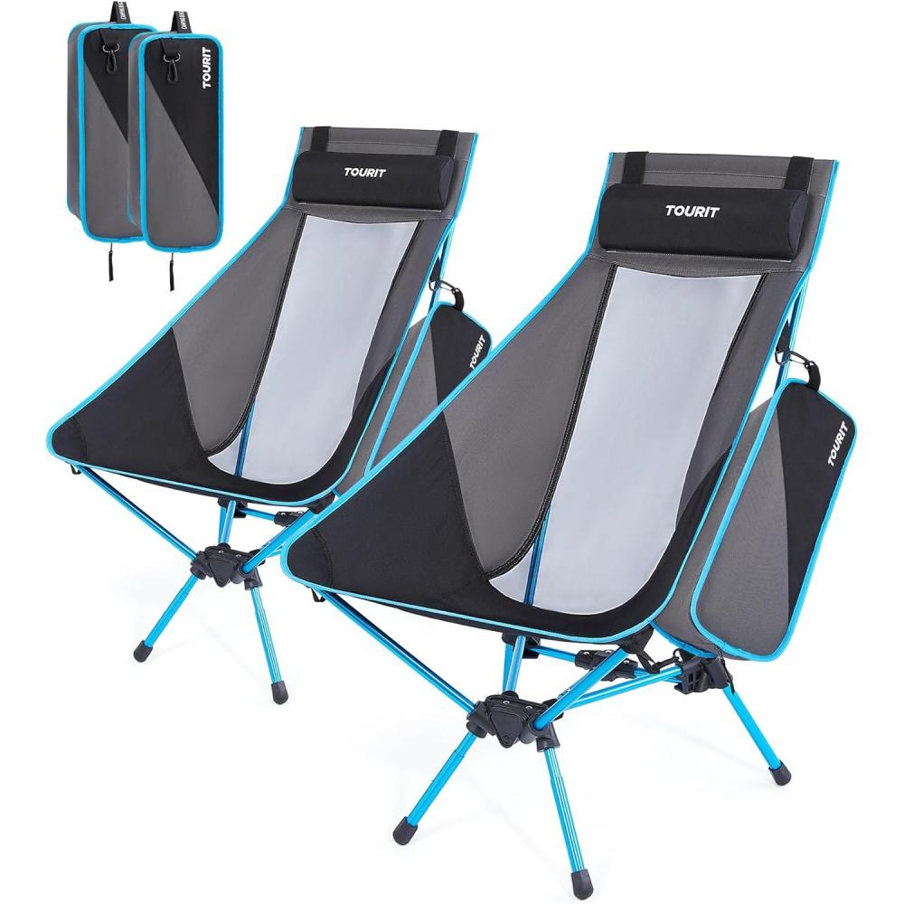 imageTOURIT Folding Beach Chair with Sunshade Portable Camping Backpack Chair with Head Support Low Profile Lightweight High Back Design for Adults UPF 50 Sun Protection Supports 380 lbs BlackGblack2 Pack