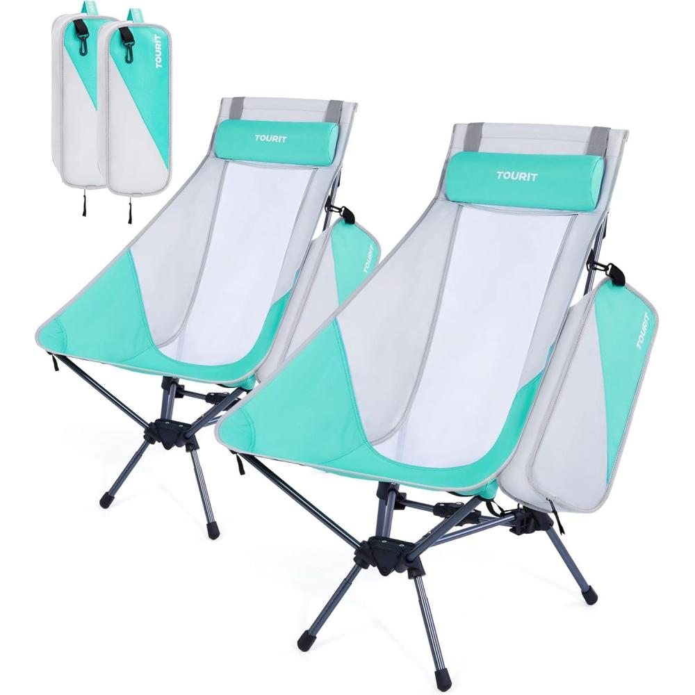 imageTOURIT Folding Beach Chair with Sunshade Portable Camping Backpack Chair with Head Support Low Profile Lightweight High Back Design for Adults UPF 50 Sun Protection Supports 380 lbs BlackHteal2 Pack