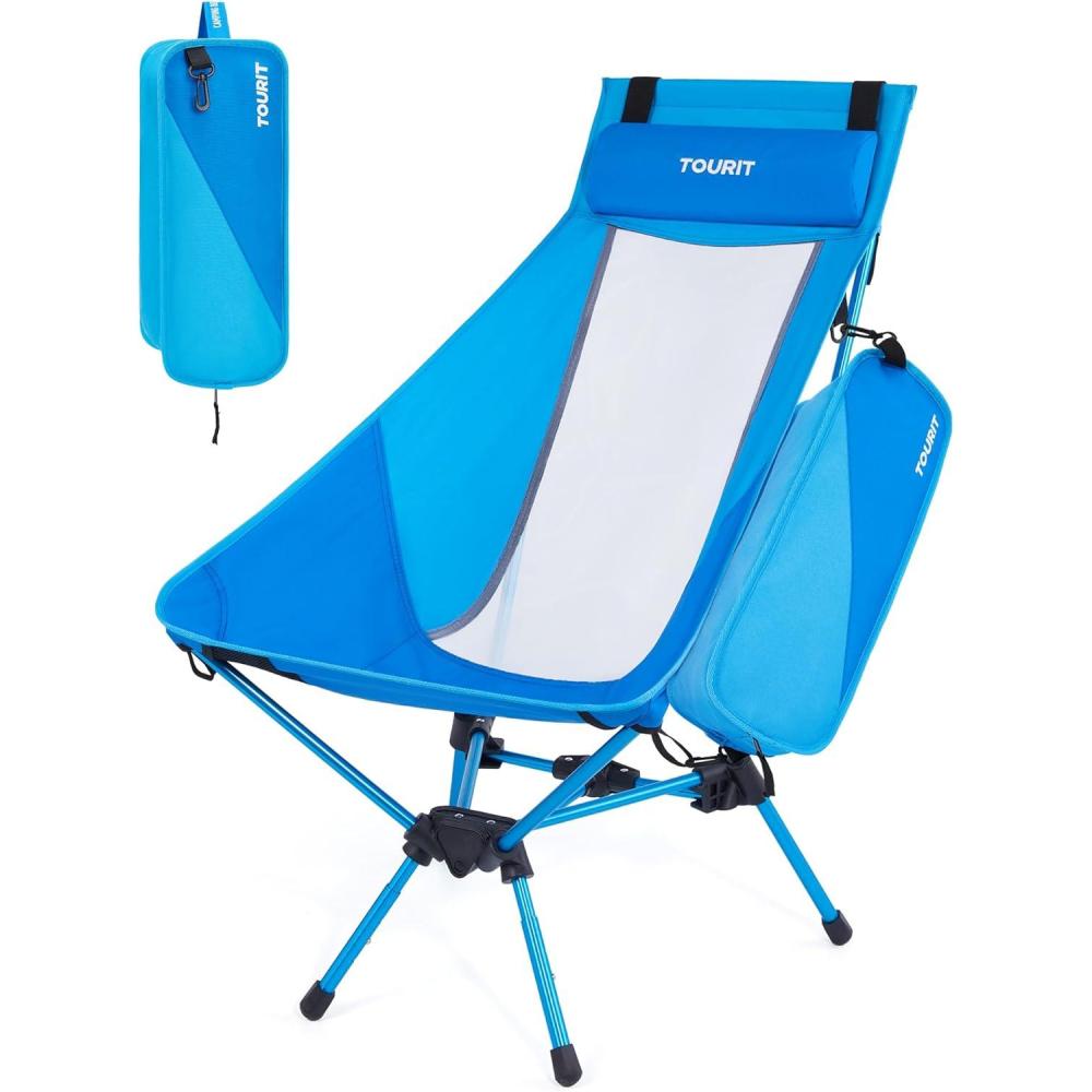 imageTOURIT Folding Beach Chair with Sunshade Portable Camping Backpack Chair with Head Support Low Profile Lightweight High Back Design for Adults UPF 50 Sun Protection Supports 380 lbs BlackAblue