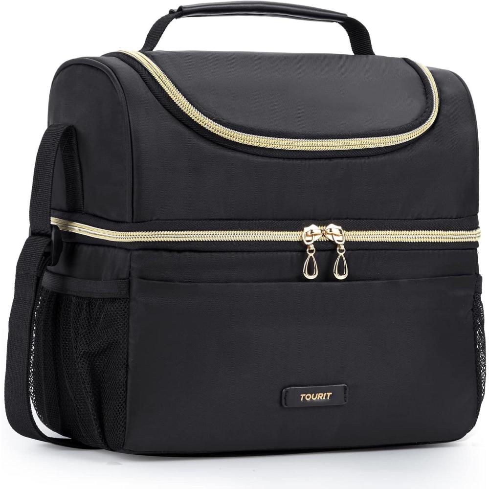 imageTOURIT Insulated Lunch Box Bag Double Deck Leakproof Cooler Tote for Work Office Picnic Expandable Lunch Container Pink01Black