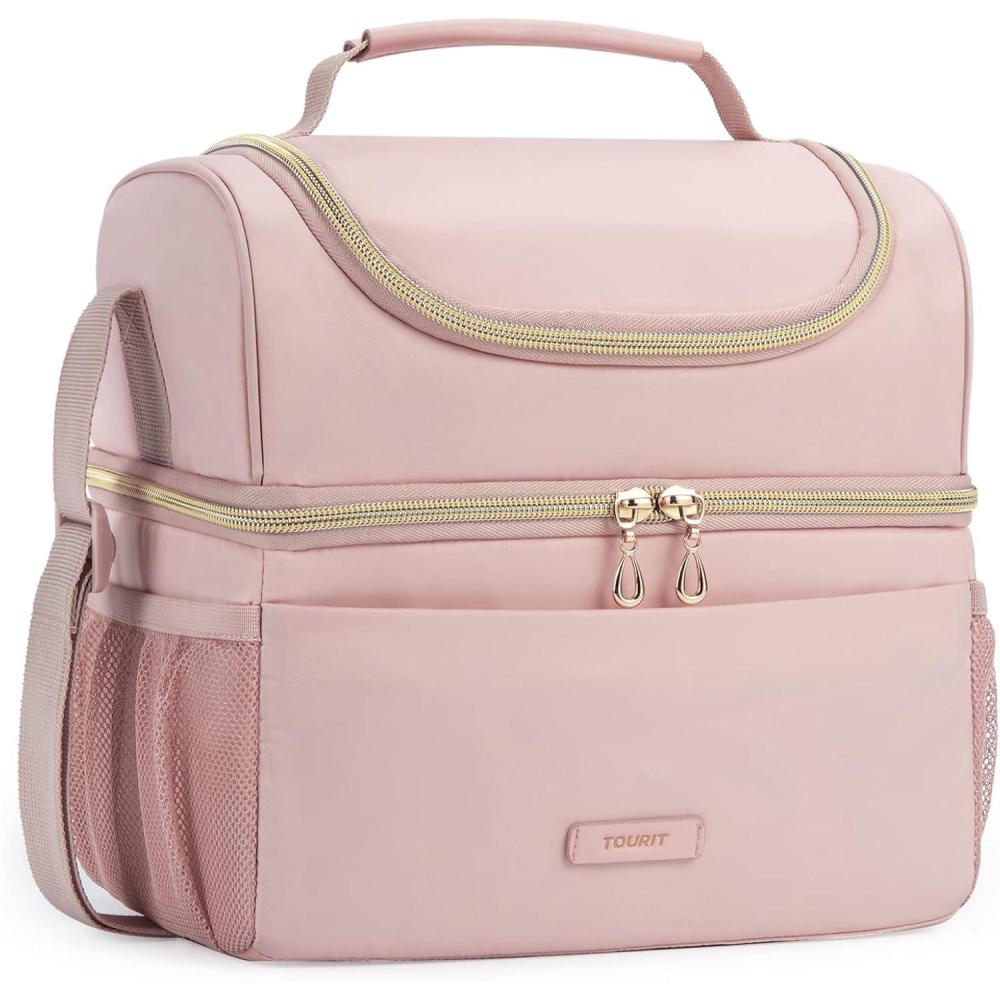 imageTOURIT Insulated Lunch Box Bag Double Deck Leakproof Cooler Tote for Work Office Picnic Expandable Lunch Container Pink02Pink