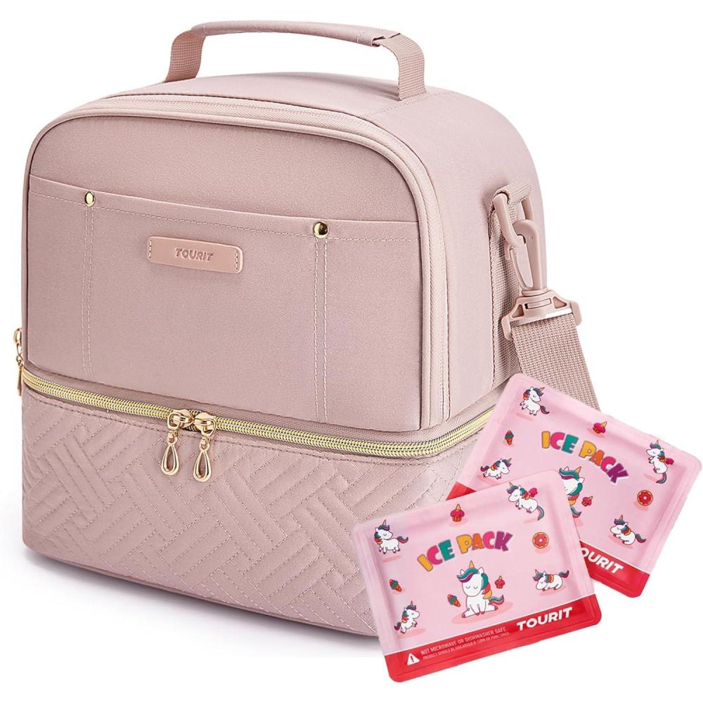 imageTOURIT Lunch Bag Women Double Deck Lunch Box Insulated Lunch Cooler for Women Men Work PinkPink  Ice Packs  Unicorn