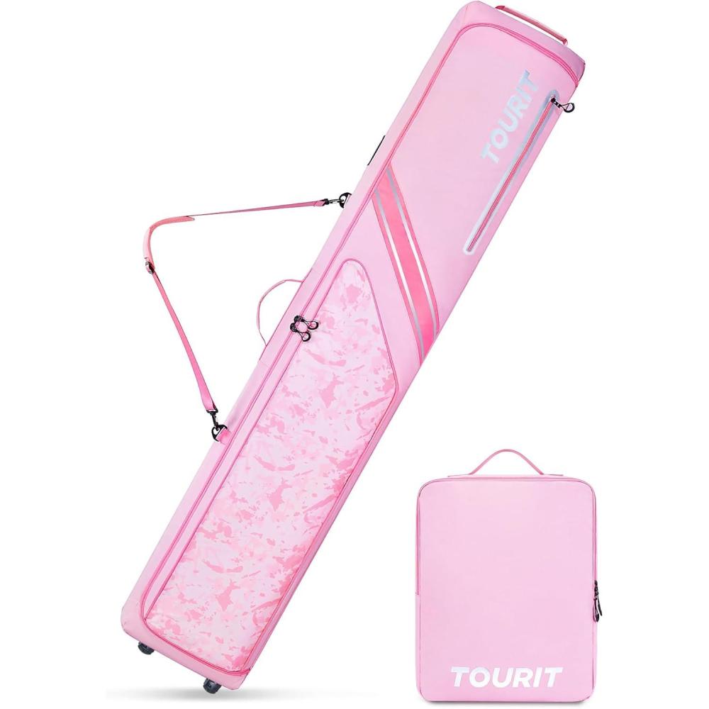 imageTOURIT Rolling Ski and Boot Bag Combo Fully Padded With Wheels for Air Travel WaterResistant 900D Oxford Fabric Foldable Wheeled Bag Holds 2 Pairs of Skis 195cmPink