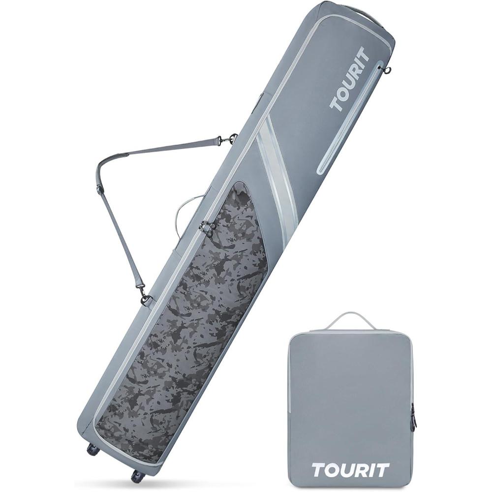 imageTOURIT Rolling Ski and Boot Bag Combo Fully Padded With Wheels for Air Travel WaterResistant 900D Oxford Fabric Foldable Wheeled Bag Holds 2 Pairs of Skis 195cmGrey