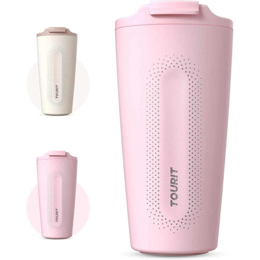 imageTOURIT Travel Coffee Mug 16 oz Insulated Coffee Cups with Flip Lid Stainless Steel Double Wall Vacuum Tumbler Leak Proof Reusable To Go Portable Mug PinkPink