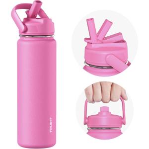 TOURIT 24 oz Insulated Water Bottle, Stainless Steel Water Bottles With Straw, Double Wall Vacuum Insulation for Cold and Hot Drinks, Leak Proof BPA Free Water Flask for Sports and Travel, Grey, Gray(Hot Pink)