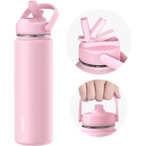 TOURIT 32 oz Insulated Water Bottle, Stainless Steel Sports Water Bottles With Top Handle, Double-Wall Travel Thermal Water Flask, BPA Free Leakproof Water Bottle for Sports and Travel (Obsidian)(Pink-Straw)