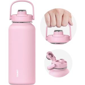 TOURIT 32 oz Insulated Water Bottle, Stainless Steel Sports Water Bottles With Top Handle, Double-Wall Travel Thermal Water Flask, BPA Free Leakproof Water Bottle for Sports and Travel (Obsidian)(Pink)